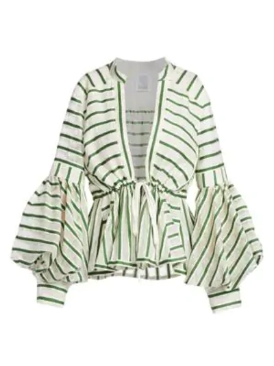 Shop Rosie Assoulin Wool & Silk Striped Lantern Sleeve Top In Green Beige