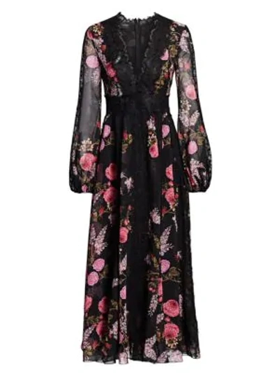 Shop Giambattista Valli Ramage Rose Silk Puff-sleeve Midi Dress In Black Ramage