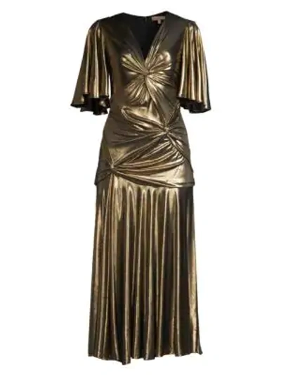 Shop Michael Kors Women's Gathered Pleated Metallic Midi Dress In Black Gold