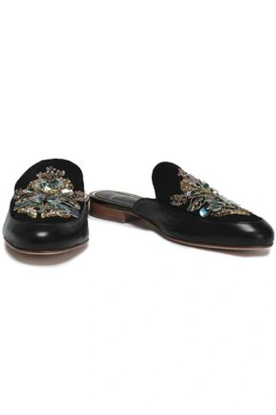 Shop Lanvin Embellished Suede And Leather Slippers In Black