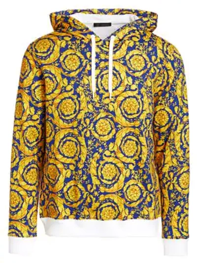 Shop Versace Baroque Cotton Hoodie In Blue Yellow