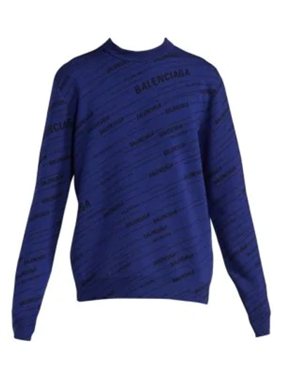 Shop Balenciaga Logo Print Crew Sweater In Navy Black