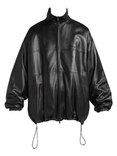 Shop Balenciaga Oversized Leather Track Jacket In Black