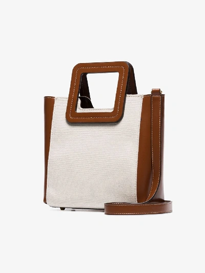 Shop Staud Brown Shirley Mini Leather Canvas Tote Bag