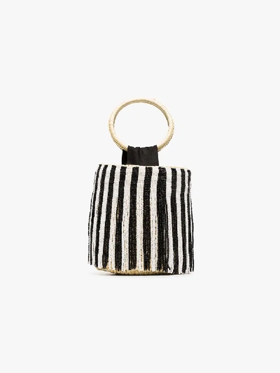 Shop Sensi Studio Black And White Beaded Striped Bucket Bag In Neutrals