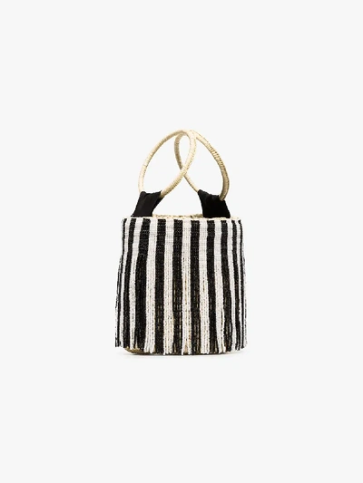 Shop Sensi Studio Black And White Beaded Striped Bucket Bag In Neutrals