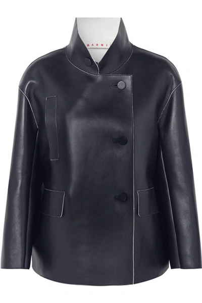 Shop Marni Double-breasted Leather Jacket In Navy