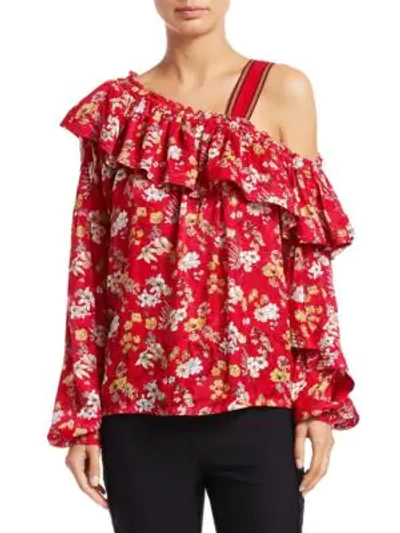Shop Derek Lam Asymmetric Floral Silk-blend Blouse In Red