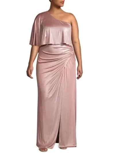 Shop Adrianna Papell Plus One-shoulder Long Gown In Dusted Petal