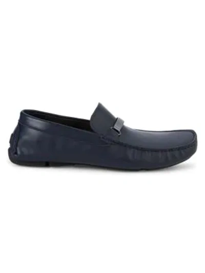 Shop Versace Logo Plaque Leather Loafers In Blue Navy