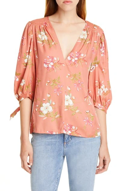 Shop Rebecca Taylor Lita Floral Tie Sleeve Silk Blend Blouse In Sunset
