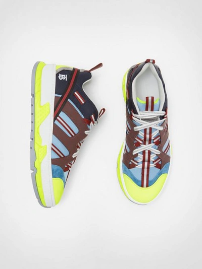 Shop Burberry Nylon, Nubuck And Suede Union Sneakers In Blue/burgundy