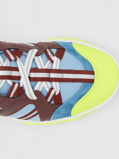 Shop Burberry Nylon, Nubuck And Suede Union Sneakers In Blue/burgundy