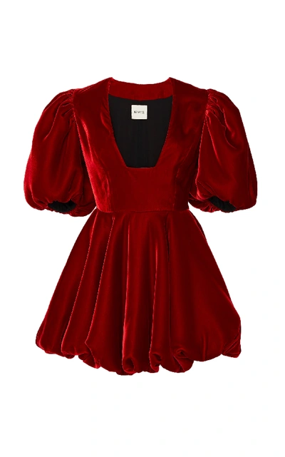 Shop Khaite Leona Pleated Velvet Mini Dress In Red