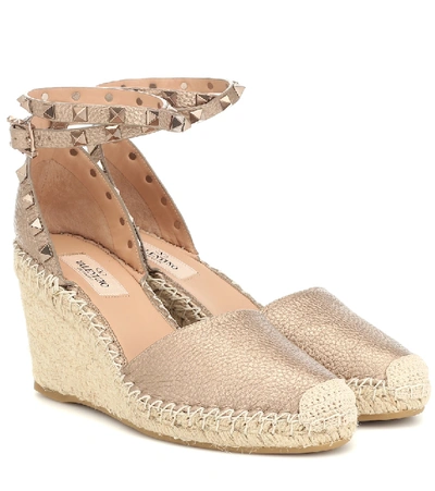 Shop Valentino Rockstud Double Leather Wedge Espadrilles In Metallic