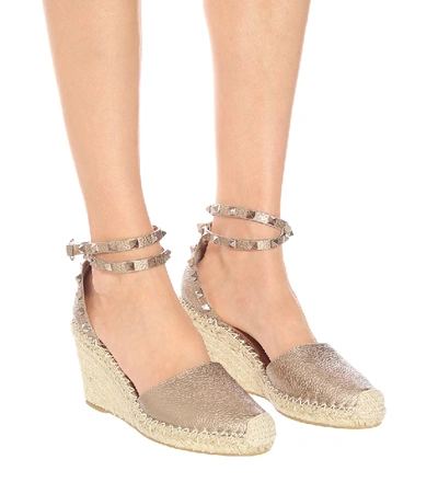 Shop Valentino Rockstud Double Leather Wedge Espadrilles In Metallic