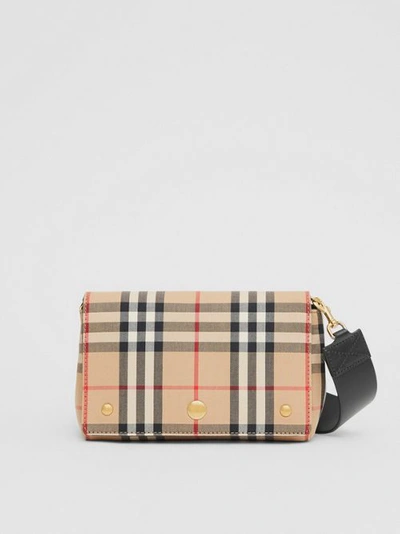 Shop Burberry Small Vintage Check And Leather Crossbody Bag In Archive Beige/black