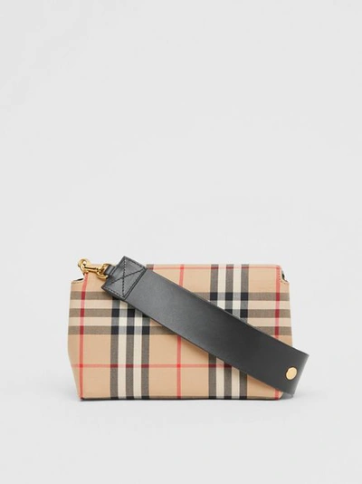 Shop Burberry Small Vintage Check And Leather Crossbody Bag In Archive Beige/black