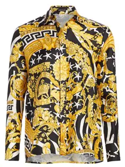 Shop Versace Savage Baroque Silk Collared Blouse In Black Gold