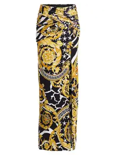 Shop Versace Savage Baroque Safety Pin Jersey Maxi Skirt In Black Gold