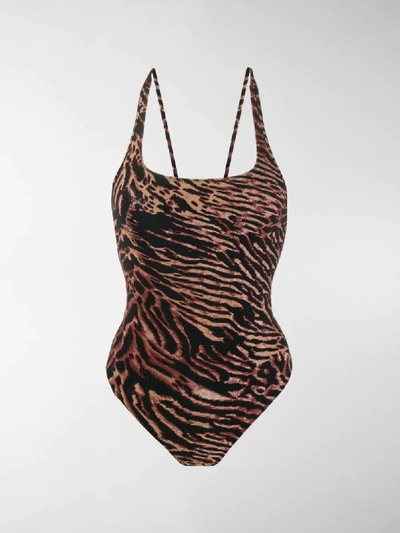 Shop Ganni Tiger Print Swimsuit In Brown