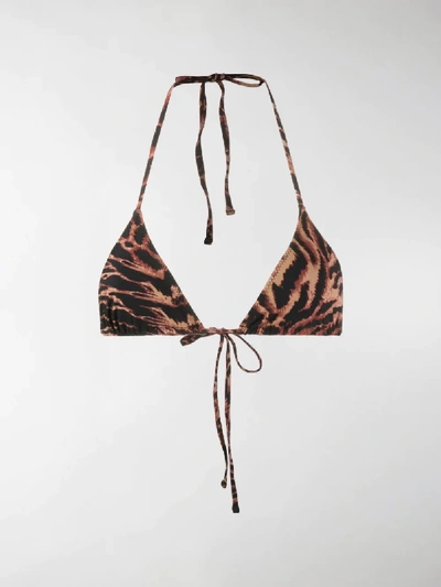 Shop Ganni Tiger Print Bikini Top In Brown
