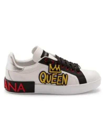 Shop Dolce & Gabbana Queen Leather Trainers In Bianco Nero