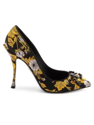 Shop Dolce & Gabbana Jacquard Jewelled Point-toe Pumps In Nero Giallo