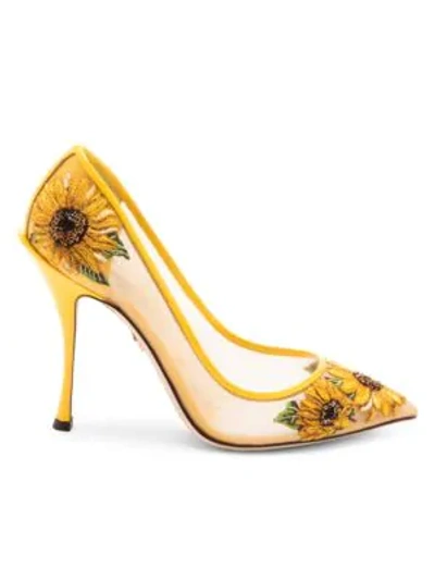 Shop Dolce & Gabbana Embroidered Sunflower Mesh Pumps In Nudo Giallo