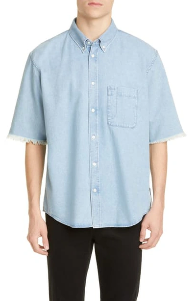 Shop Balenciaga Short Sleeve Denim Button-down Shirt In Dirty Clear Blue