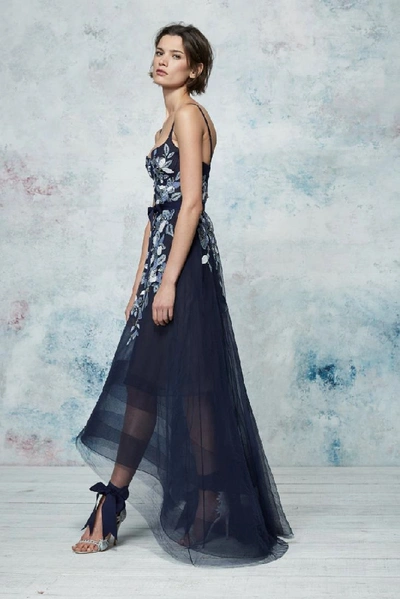 Shop Marchesa Notte Sleeveless Beaded Embroidered Hi Lo Gown In Navy