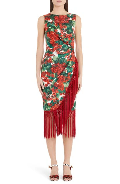 Shop Dolce & Gabbana Geranium Print Fringe Trim Midi Dress In Red
