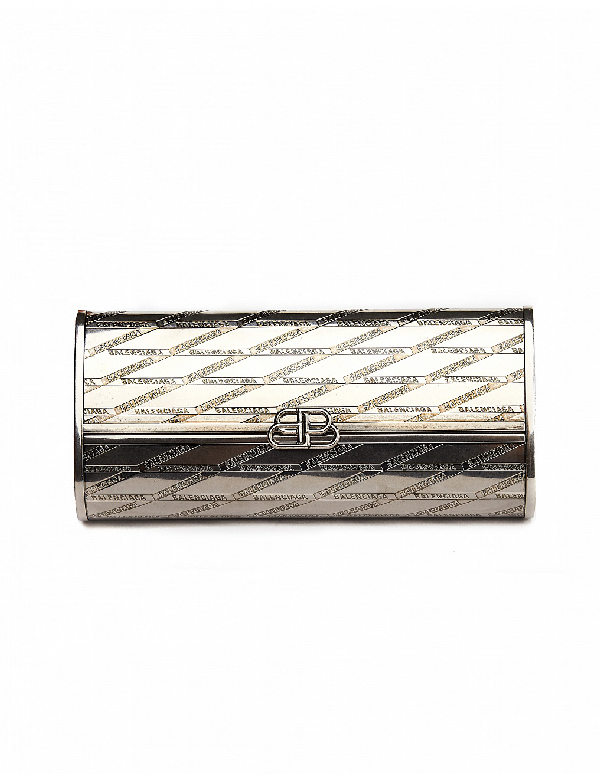 Balenciaga Engraved All Over Logo Clutch In Silver Modesens