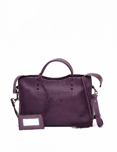 Shop Balenciaga Blackout City Purple Leather Handbag In White