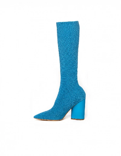 Shop Yeezy Aqua Knee-high Knit Sock Boots In Blue