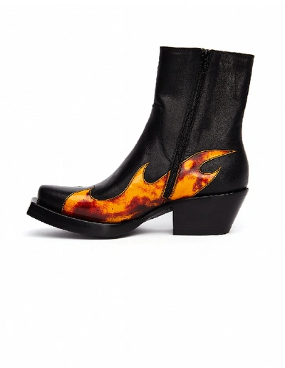 Shop Vetements Black Leather Flame Ankle Boots