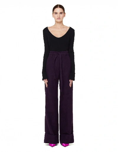 Shop Ann Demeulemeester Purple Linen & Cotton Trousers