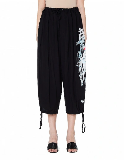 Shop Yohji Yamamoto Cropped Printed Cotton Culottes In Black