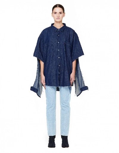 Shop Vetements Oversized Denim Shirt With Cuts In Navy Blue