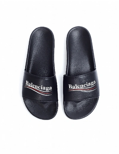 Shop Balenciaga Piscine Black Leather Slides In White