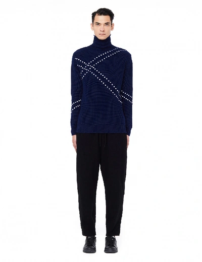 Shop Raf Simons Navy Wool Turtleneck With Pattern In Navy Blue