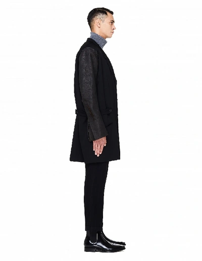 Shop Yohji Yamamoto Black Wool Coat With Leather Sleeves