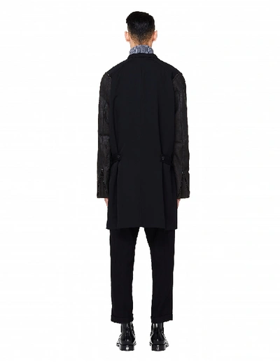 Shop Yohji Yamamoto Black Wool Coat With Leather Sleeves