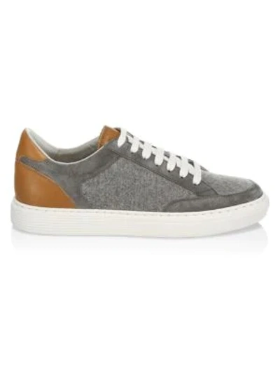 Shop Brunello Cucinelli Mixed Media Leather & Wool Sneakers In Light Grey