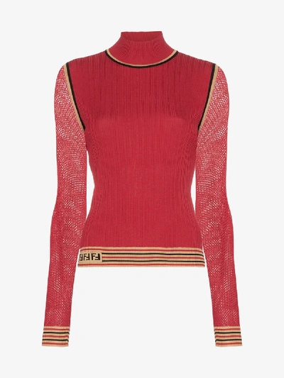 Shop Fendi Ribbed Knit Turtleneck Top In Red