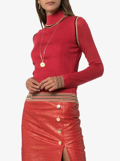 Shop Fendi Ribbed Knit Turtleneck Top In Red