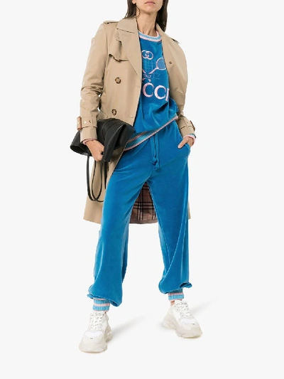 Shop Gucci Tapered Velour Track Pants In Blue