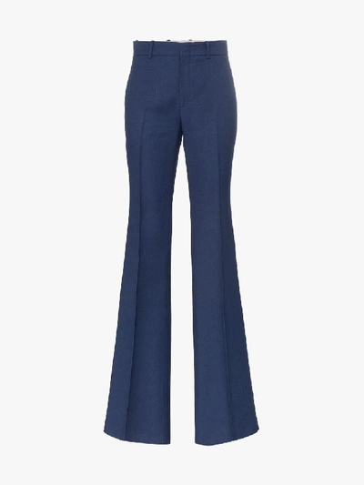 Shop Gucci Mid Rise Silk Blend Flared Trousers In Blue