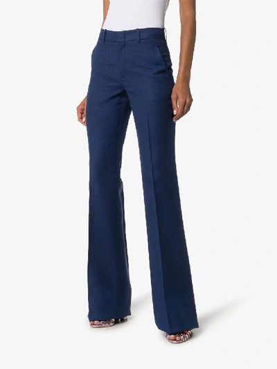 Shop Gucci Mid Rise Silk Blend Flared Trousers In Blue