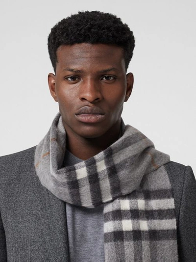 Shop Burberry Check Cashmere Scarf In Grey